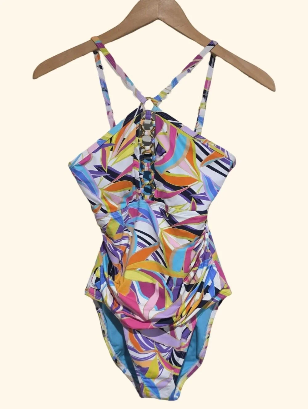 Bleu Rod Beattie‎ Tropical Floral Halter One Piece Swimsuit Multi Color Ring new